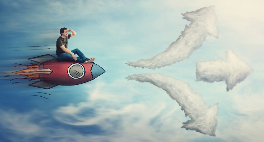 Guy,Flying,On,A,Fast,Rocket,Ship,,Hand,To,Forehead