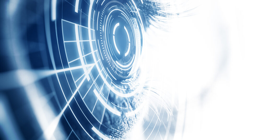 Side,View,Of,Eye,With,Digital,Pattern.,Scanning,For,Personality