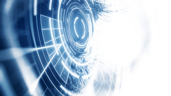 Side,View,Of,Eye,With,Digital,Pattern.,Scanning,For,Personality